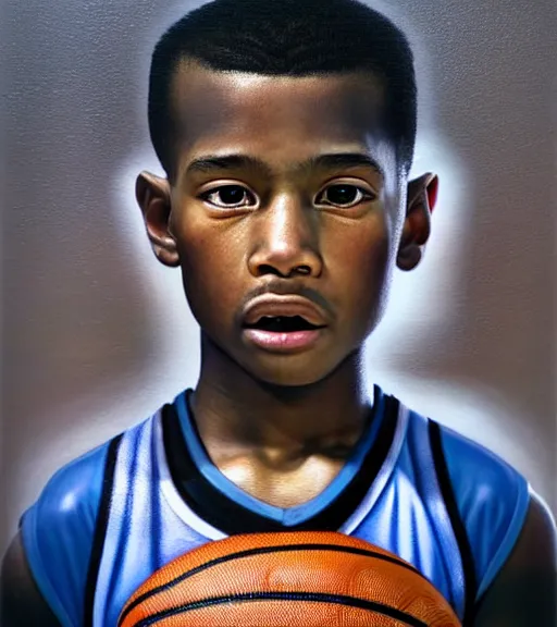 Image similar to portrait of a boy at a basketball court playing basketball wearing a basketball uniform in a basketball court standing near the basketball hoop, painted in 2040, intense emotion, detailed facial expression, detailed surroundings, intricate, elegant, highly detailed, centered, digital painting, artstation, concept art, smooth, sharp focus, illustration, by (Peter Mohrbacher), WLOP