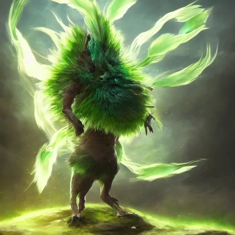 Image similar to a cute beautiful earth type pokemon, green feathers bursting out of his hair, full body shot, highly detailed digital art, 3 d perspective, award - winning illustration, aesthetic, smooth, pokemon style, made by greg rutkowski, with an alien landscape in the background