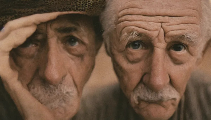 Image similar to 7 0 s movie still of a old man with trypophobia eyes, cinestill 8 0 0 t 3 5 mm, heavy grain, high quality, high detail