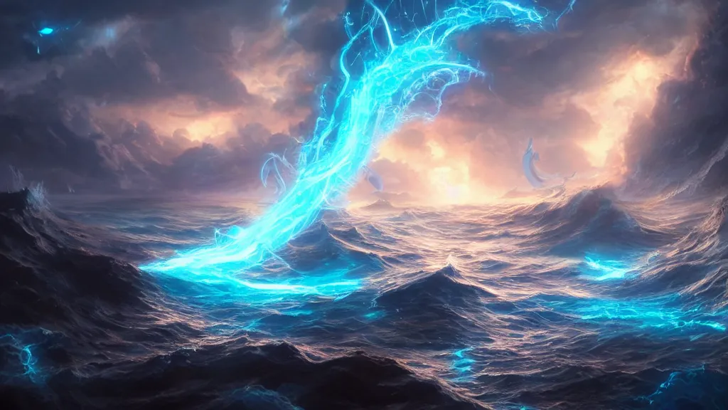 Image similar to a magical portal with glowing runes made of pure energy is opening at the surface of the ocean, dramatic lighting, dynamic lighting, cinematic lighting, by krenz cushart and artgerm, unreal engine, featured on artstation