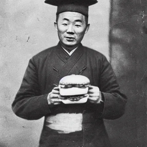 Prompt: a photo of a happy man from qing empire holding and eating a hamburger, award winning photo, high quality, 1 9 century photo, black and white