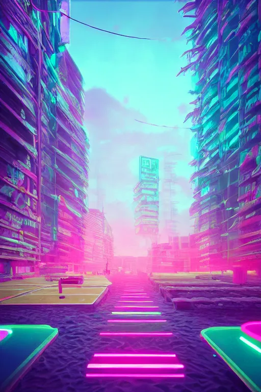 Image similar to cyberpunk syntwave beach, midday, pink neon lights, futuristic, cgsociety, in the style of artstation