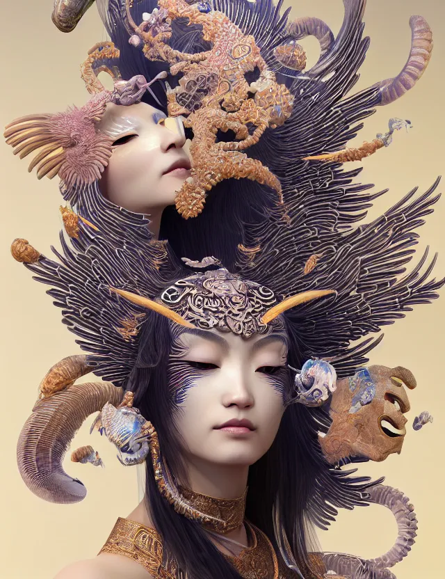 Image similar to 3 d goddess close - up 3 / 4 portrait with ram skull. beautiful intricately detailed japanese crow kitsune mask and clasical japanese kimono. betta fish, jellyfish phoenix, bio luminescent, plasma, ice, water, wind, creature, artwork by tooth wu and wlop and beeple and greg rutkowski