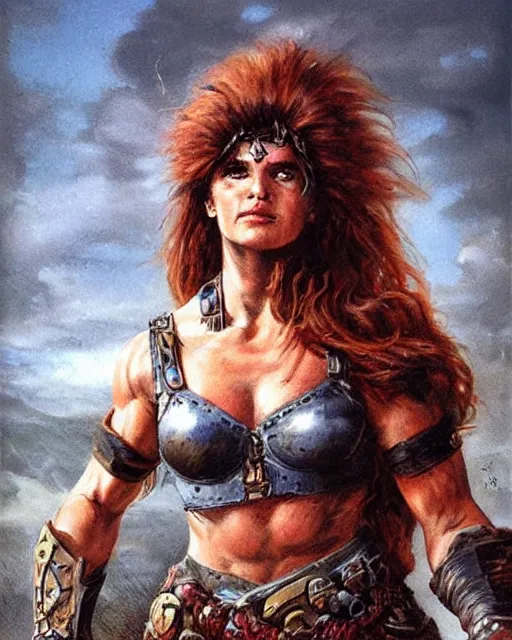 Prompt: a beautiful and strong female warrior by Boris Valejo and Frank Franzetta