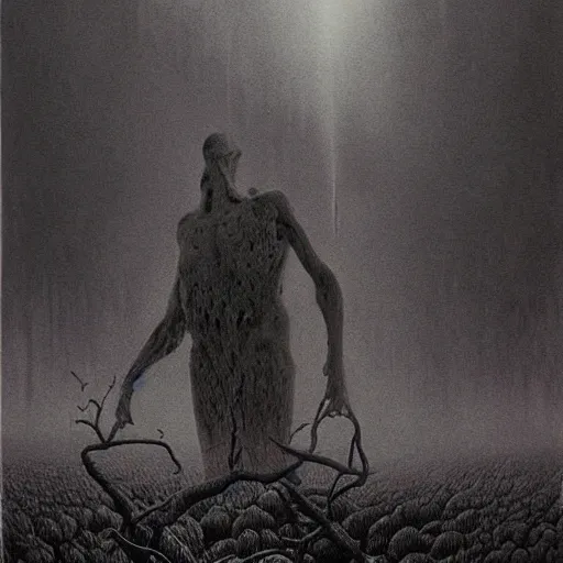 Prompt: disaster illustration, zdzisław beksinski, dark cinematic atmosphere, nightmare