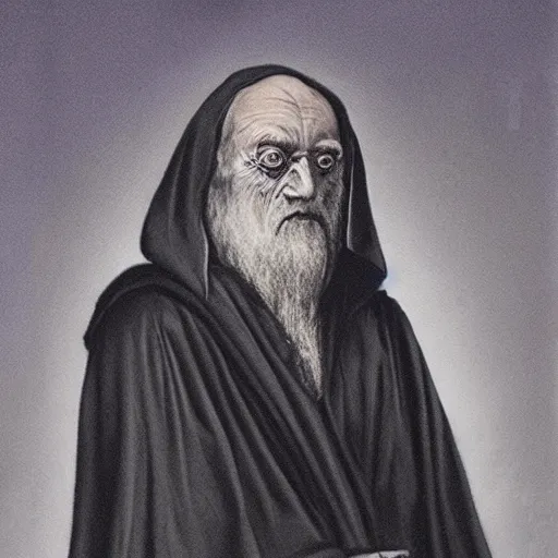 Image similar to Wizard with a ominous smile, top of face in shadow, clad in a robe, portrait