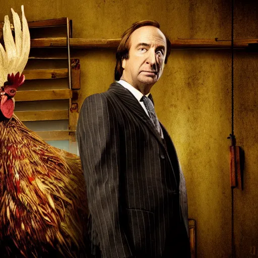 Image similar to saul goodman and a rooster in a saw movie torture chamber, saw movie jigsaw background, saul goodman, rooster, photo