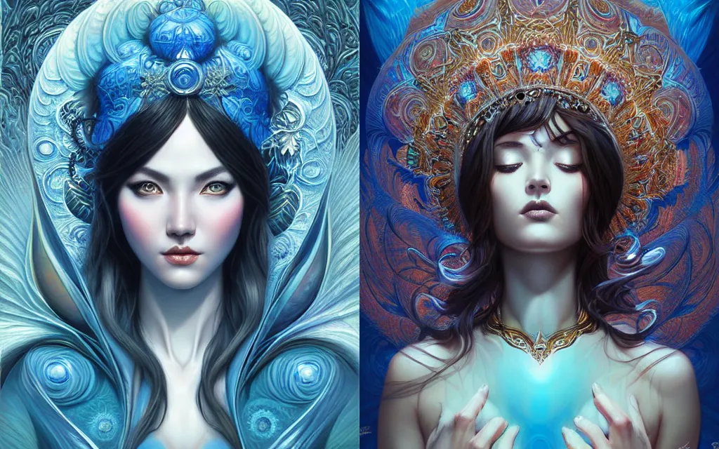 Prompt: fractal goddess, ornate, arctic blue, drawn by artgerm, digital artwork by karol bak, background by rhads