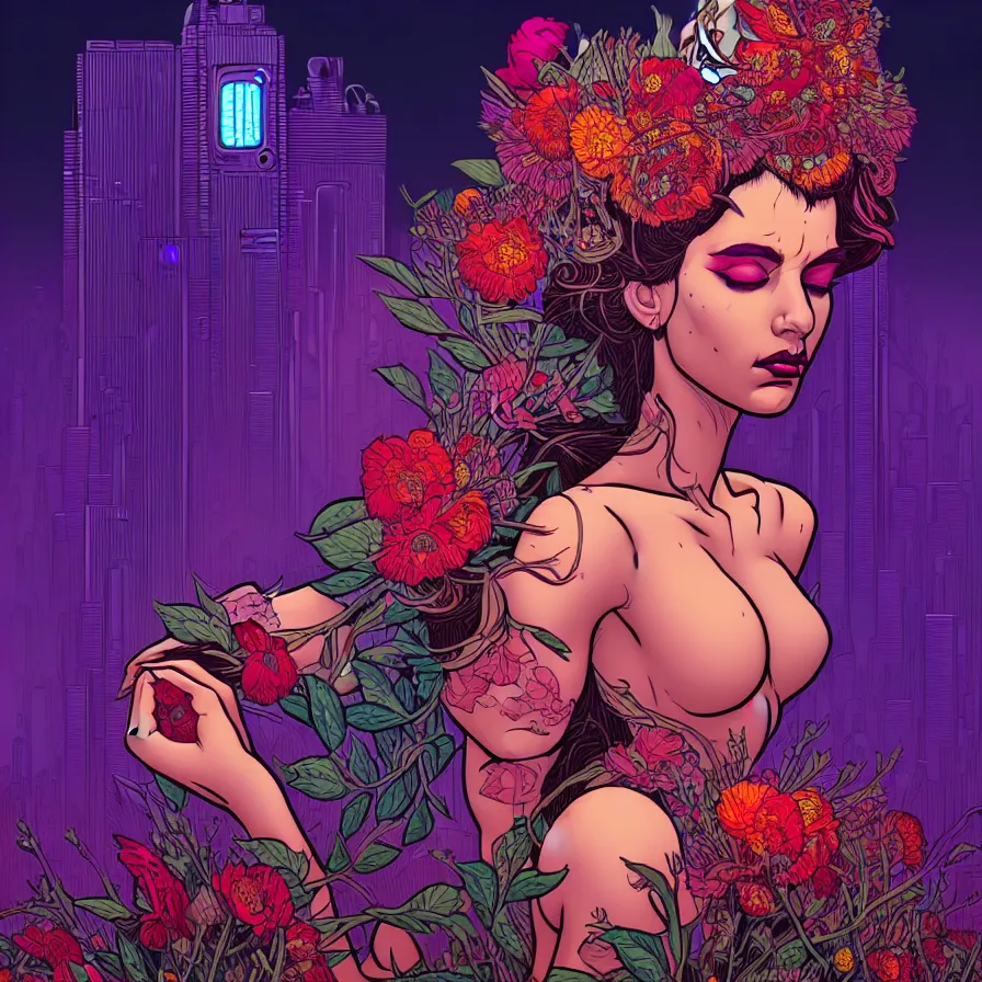 Prompt: Beautiful portrait of the flower queen in a sensual pose, in the style of Dan Mumford's artwork, with a futuristic cyberpunk city in the background.