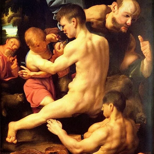 Prompt: vitalik buterin punching a bear in the throat, renaissance painting