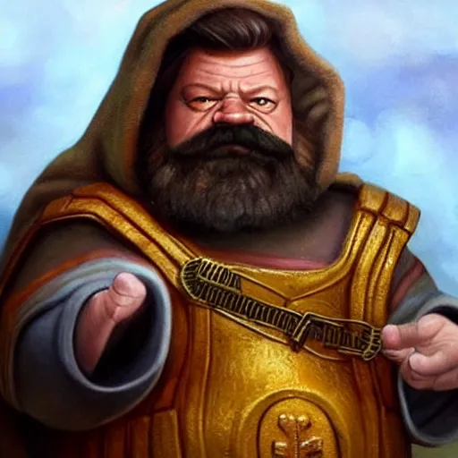 Image similar to a hyperrealistic painting of a saintly dwarven cleric that looks like ron swanson looking stoicly to the right, golden hour, iconography, cyberpunk