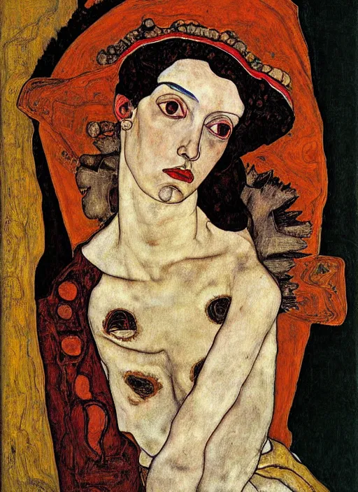 Image similar to portrait of young woman in renaissance dress and renaissance headdress, art by egon schiele