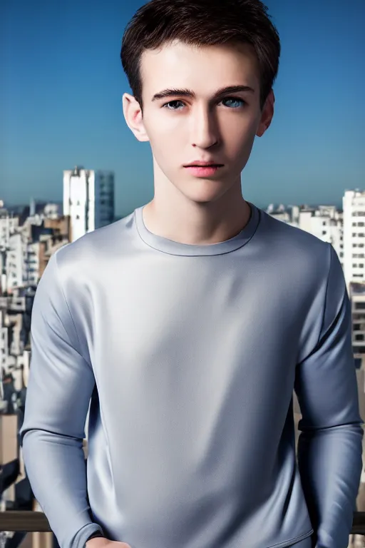 Image similar to un ultra high definition studio quality photographic art portrait of a young man standing on the rooftop of a british apartment building wearing soft padded silver pearlescent clothing. three point light. extremely detailed. golden ratio, ray tracing, volumetric light, shallow depth of field. set dressed.