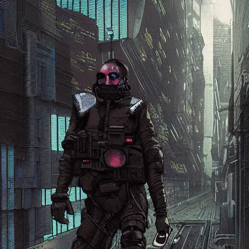 Prompt: cyberpunk mercenary walking the city streets, Industrial Scifi, detailed illustration, Chiaroscuro, concept art, by Martin Grip and Moebius