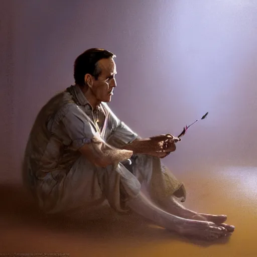 Image similar to a highly detailed epic cinematic concept art CG render digital painting artwork costume design: Henry Fonda as a 1950s tired disillusioned poet, barefoot, holding a small cigarette between his fingers. volumetric lighting. By Greg Rutkowski, in the style of Francis Bacon and Syd Mead and Norman Rockwell and Beksinski, open ceiling, highly detailed, painted by Francis Bacon and Edward Hopper, painted by James Gilleard, surrealism, airbrush, Ilya Kuvshinov, WLOP, Stanley Artgerm, very coherent, triadic color scheme, realistic facial expression, art by Takato Yamamoto and James Jean