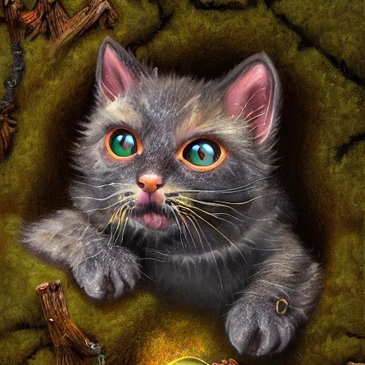 Image similar to rescue from the underworld, by tyler roswell, shadows of the past, chubby moss kitten, highly detailed, digital painting, HDRI, by jeff easley, vivid colors, high contrast, 8k resolution, intricate, photorealistic, smooth