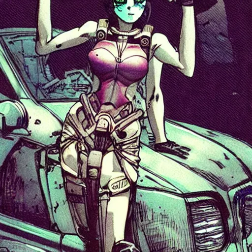 Image similar to android, killer - girl on car, 1 / 6 katsuya terada, style of cyberpunk, night, city,