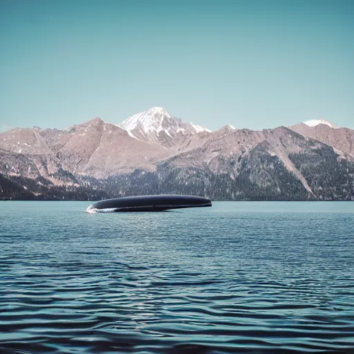 Prompt: A photo of a large zeppelin rising from the waters of a lake in the mountains, Wide angle lens, Cannon DSLR