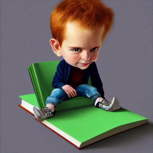 Image similar to diminutive young man sitting on a huge book. The man is two inches tall and redhead. The book is closed, with a green cover. Digital realistic detailed art trending in Artstation.