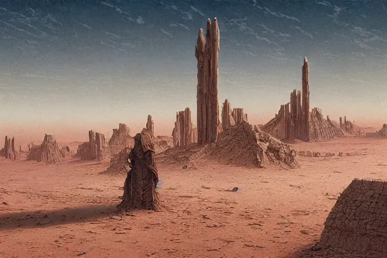 Image similar to intricate, 3 d, endless wastes vast desert abandoned buildings, style by caspar david friedrich and wayne barlowe and ted nasmith