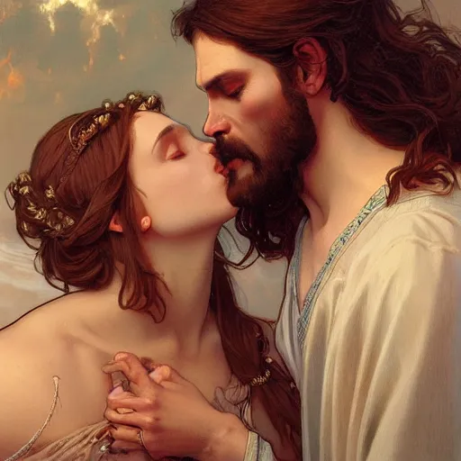 Image similar to jesus kissing a maria maddalena, intricate, elegant, highly detailed, digital painting, artstation, concept art, matte, sharp focus, illustration, art by artgerm and greg rutkowski and alphonse mucha