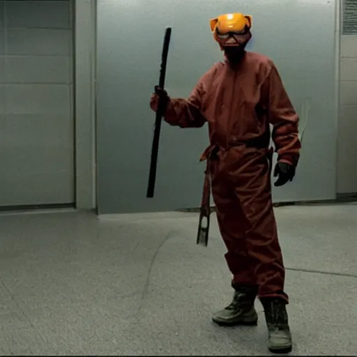 Image similar to Bryan Cranston as Gordon Freeman, holding a crowbar, in Freeman's suit, still from a movie