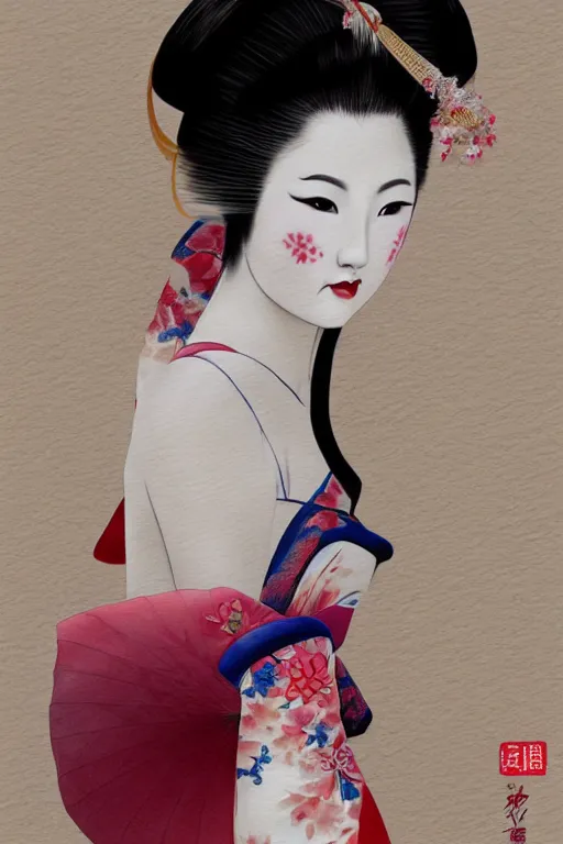 Image similar to pretty seductive geisha, digital art, 8k, character, realistic, portrait, photorealism, japan watercolour, masterpiece art