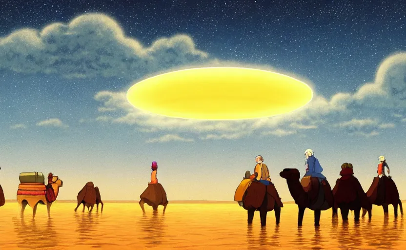 Image similar to a cell - shaded studio ghibli concept art of a hovering ufo shining a spotlight on a camel caravan in a flooded stonehenge desert on a misty starry night. very dull colors, hd, 4 k, hq