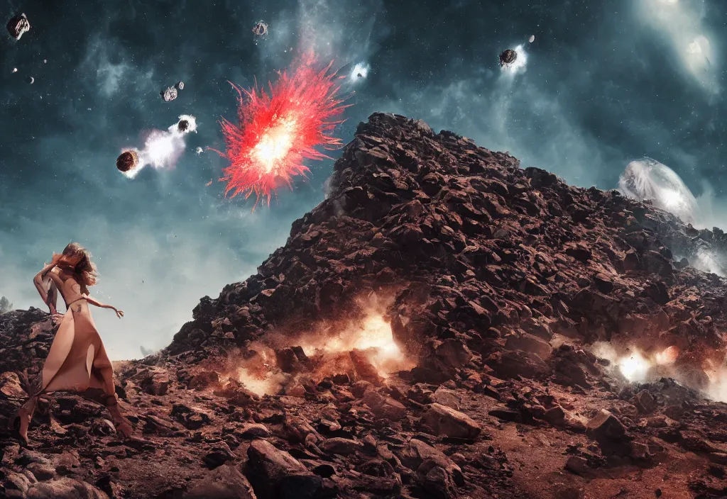 Image similar to fashion editorial in asteroids crashing on earth. gigantic explosions. wide angle shot. highly detailed. depth of field. high definition. 8k. photography.