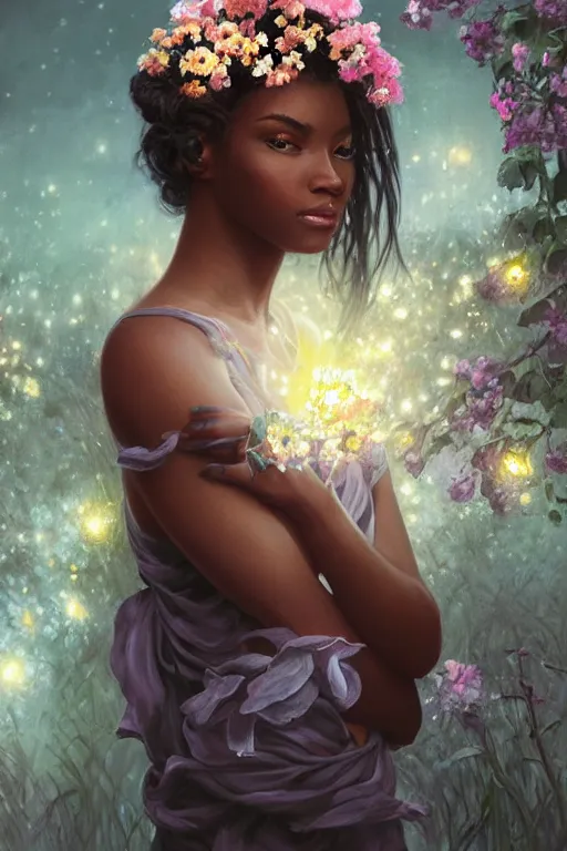 Prompt: ultra realistic illustration, black american girl with flowers blossoming from her hair, standing seductively, wearing night dress, night time, moonlight, snowy, volumetric lighting, elegant, highly detailed, digital painting, concept art, smooth, sharp focus, illustration, art by artgerm and greg rutkowski and alphonse mucha