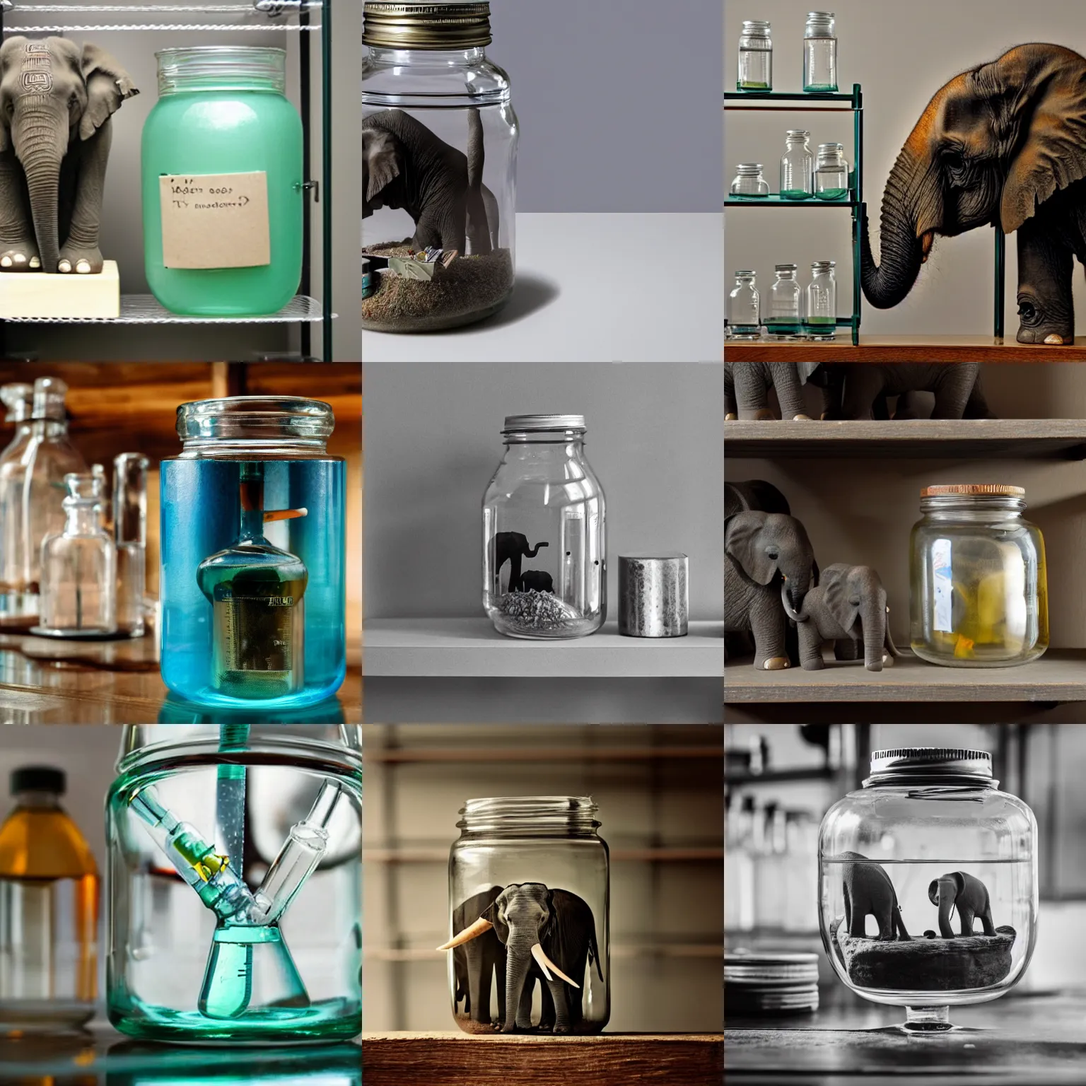 Prompt: a laboratory, jar on a shelf, inside the jar is an elephant