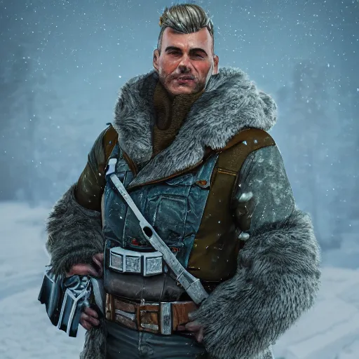 Prompt: A comic book style portrait painting of a male sheriff in a a post apocalyptic winter landscape, unreal 5, DAZ, hyperrealistic, octane render, RPG portrait, ambient light, dynamic lighting