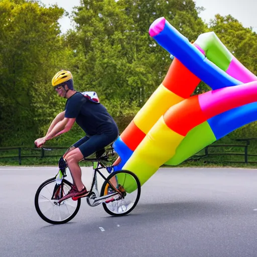 Image similar to wide shot of inflatable tube man riding a bicycle with natural light. high detail, ultrarealistic 4 k high shutter speed