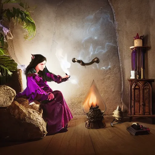 Prompt: female warlock is casting a magic spell, with a small cat by her side, d & d, fantasy, magic, award winning photography, raw,