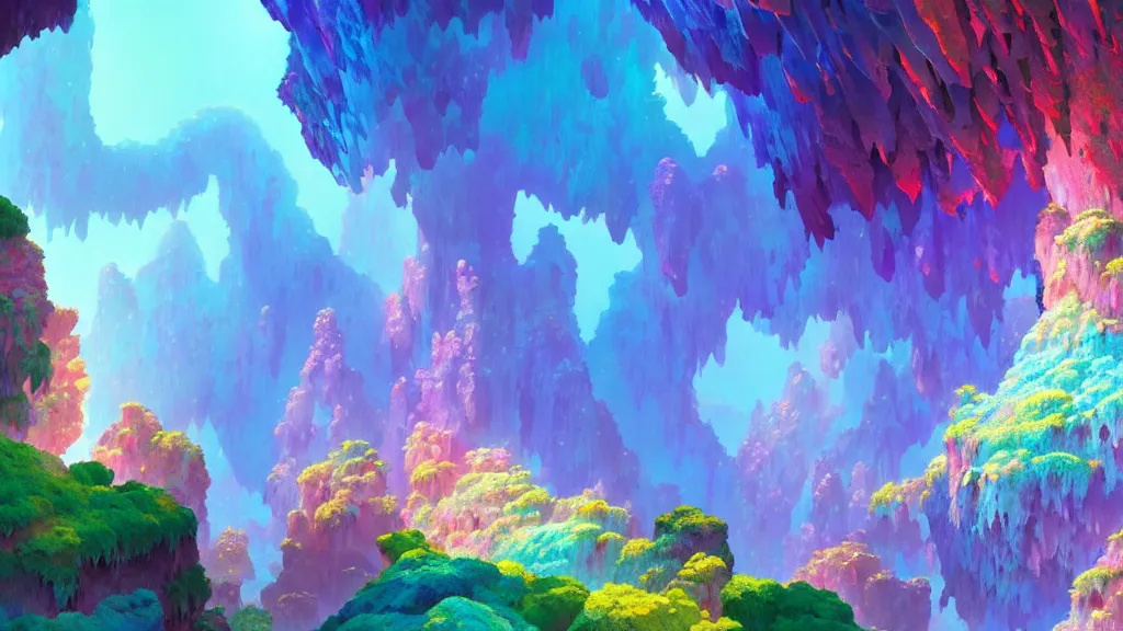 Image similar to colorful crystal cluster cave, studio ghibli, pixar and disney animation, sharp, rendered in unreal engine 5, highly detailed, digital painting, artstation, concept art, smooth, sharp focus, illustration, wide angle, artbook, wallpaper, splash art, promo art, dramatic lighting, art by artgerm and greg rutkowski and bo chen and jin xiaodi