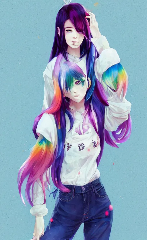 Image similar to a kawaii woman with rainbow hair, soft eyes and narrow chin, dainty figure, long hair straight down, kawaii shirt and jeans, basic white background, In style of by Jordan Grimmer and greg rutkowski, crisp lines and color