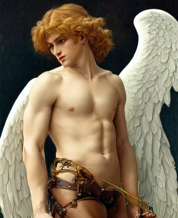 Prompt: a detailed hyperrealistic renaissance male angel wearing an intricate leather garters set, honey birdette, realistic renaissance portrait, highly detailed, digital painting, artstation, concept art, smooth, sharp focus, cinematic lighting, art by artgerm and wlop and alphonse mucha and jacques louis david and john william godward