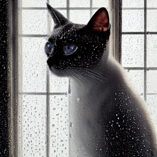 Image similar to a siamese cat staring out of a window with rain droplets flowing down during a thunderstorm, hyperrealistic, cinematic