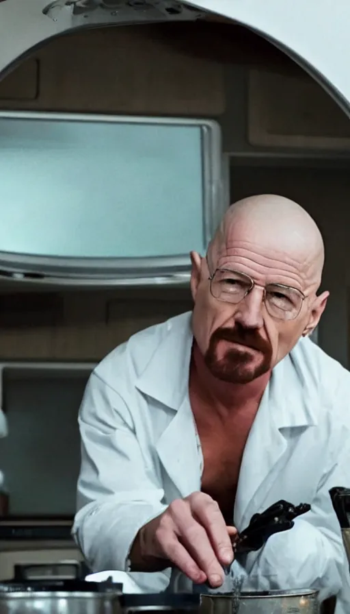 Image similar to film still of kim kardashian as walter white cooking meth inside an rv on the tv show breaking bad, full-shot, 4k