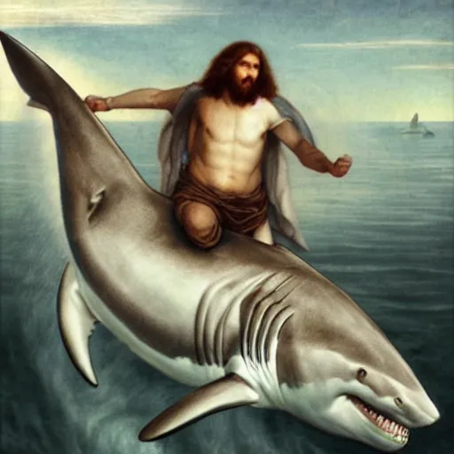 Prompt: Jesus Christ riding on a great white shark, detailed digital art, artstation, cgsociety, Art sacré, Religious art, by pre-raphaelite artist Dante Gabriel Rossetti