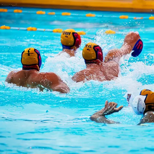 Prompt: water polo being played with hippos. sports photograph.