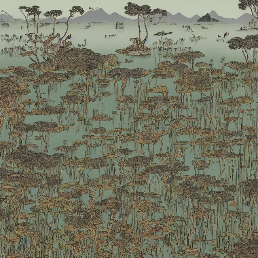 Image similar to Artwork illustrating a swamp with many withered lotus plants on the West Lake with pagodas in the background during the Tang Dynasty.