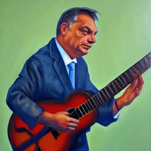 Image similar to viktor orban playing the guitar, oil painting