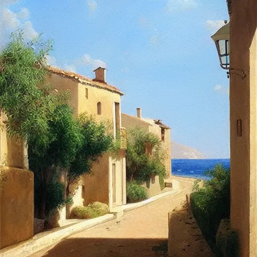 Prompt: a beautiful painting of a mediterranean village in summer by peter ilsted, whitewashed housed, cypress trees, cyan shutters on windows, trending and featured on artstation and behance