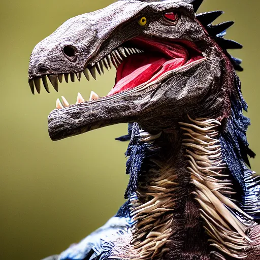 Image similar to a photograph of a velociraptor with feathers