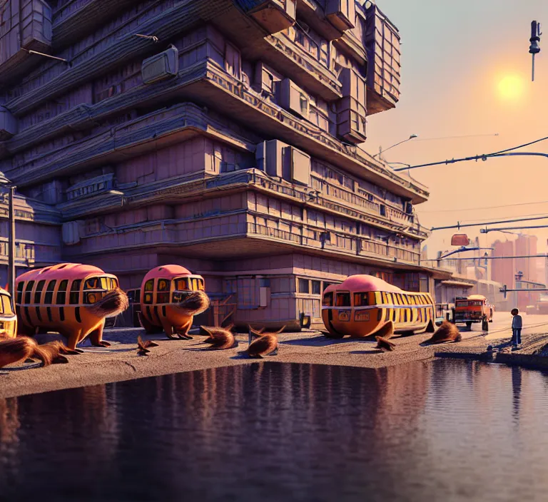 Image similar to hyperrealism photography hyperrealism concept art of highly detailed beavers builders that building highly detailed futuristic ( cyberpunk ) city by wes anderson and hasui kawase and scott listfield sci - fi style hyperrealism rendered in blender and octane render volumetric natural light