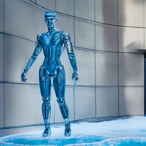 Image similar to made of ice, a realistic detailed photo of a guy who is an attractive humanoid who is half robot and half humanoid, who is a male android, on display, blank stare, showing off his muscles, shiny skin, posing like a statue, by the pool, frozen ice statue, f 1 driver max verstappen, humanoid robot