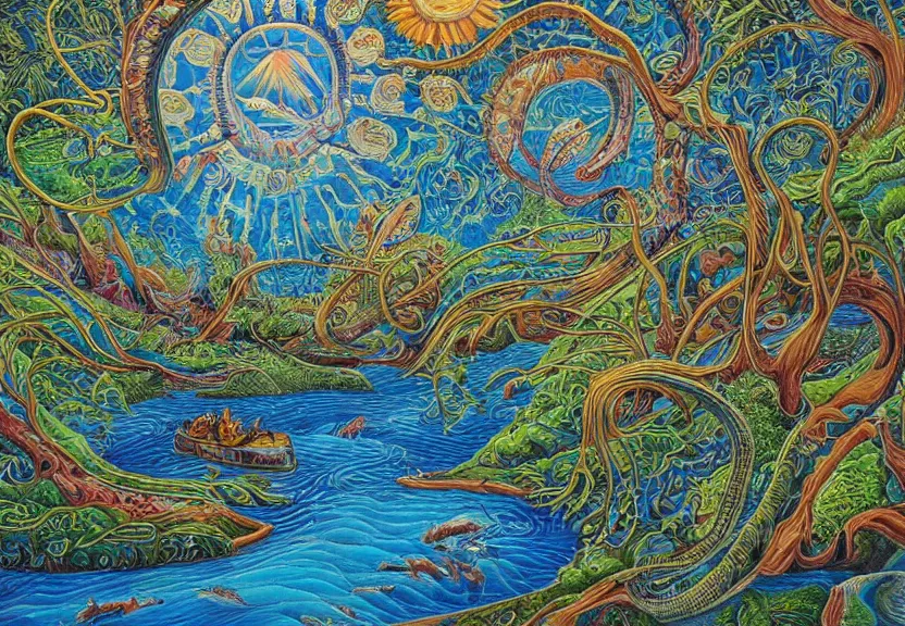 Image similar to An intricate, extremely detailed painting in a style of Alex Grey featuring a river in Europe, surrounded by trees and fields. A dinghy is slowly moving through the water. Sun is shining.