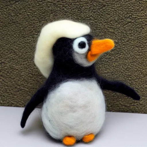 Prompt: a needle felted penguin, needle felting art.