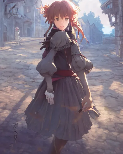 Image similar to pixiv, key anime visual portrait of a young female walking through a medieval village, dynamic pose, dynamic perspective, cinematic, dramatic lighting, detailed silhouette, film grain, yoshitaka amano, tending on artstation, face by yoh yoshinari, detailed, intricate